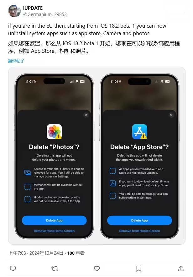 抚远苹果手机维修分享iOS 18.2 支持删除 App Store 应用商店 