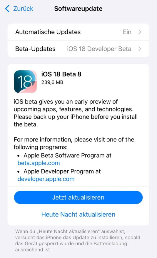 抚远苹果手机维修分享苹果 iOS / iPadOS 18 开发者预览版 Beta 8 发布 